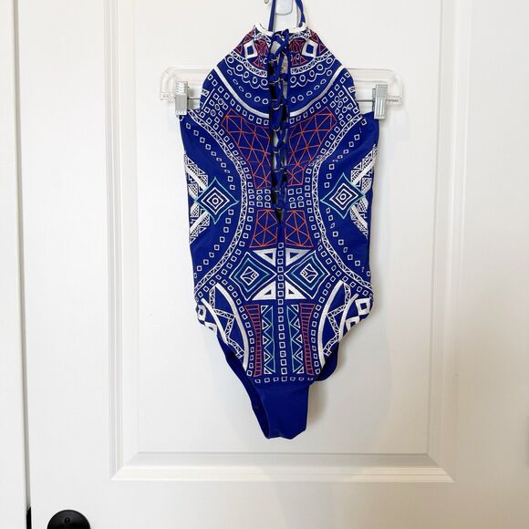 Trina Turk Swimsuit Womens 4 Lace Up Plunge Embroidered Aztec One Piece EUC - Picture 1 of 6